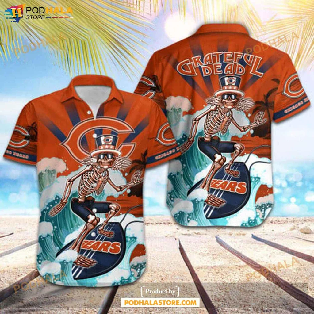 Cool Skeleton Surfboard Hawaiian Shirt, Chicago Bears Skateboarding Design