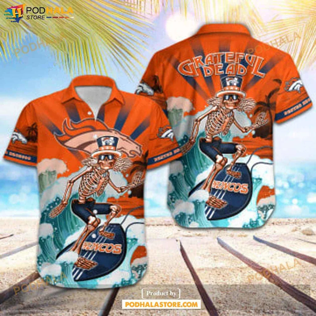 Cool Skeleton Surfer Hawaiian Shirt, Denver Broncos Skateboard Design Shirt