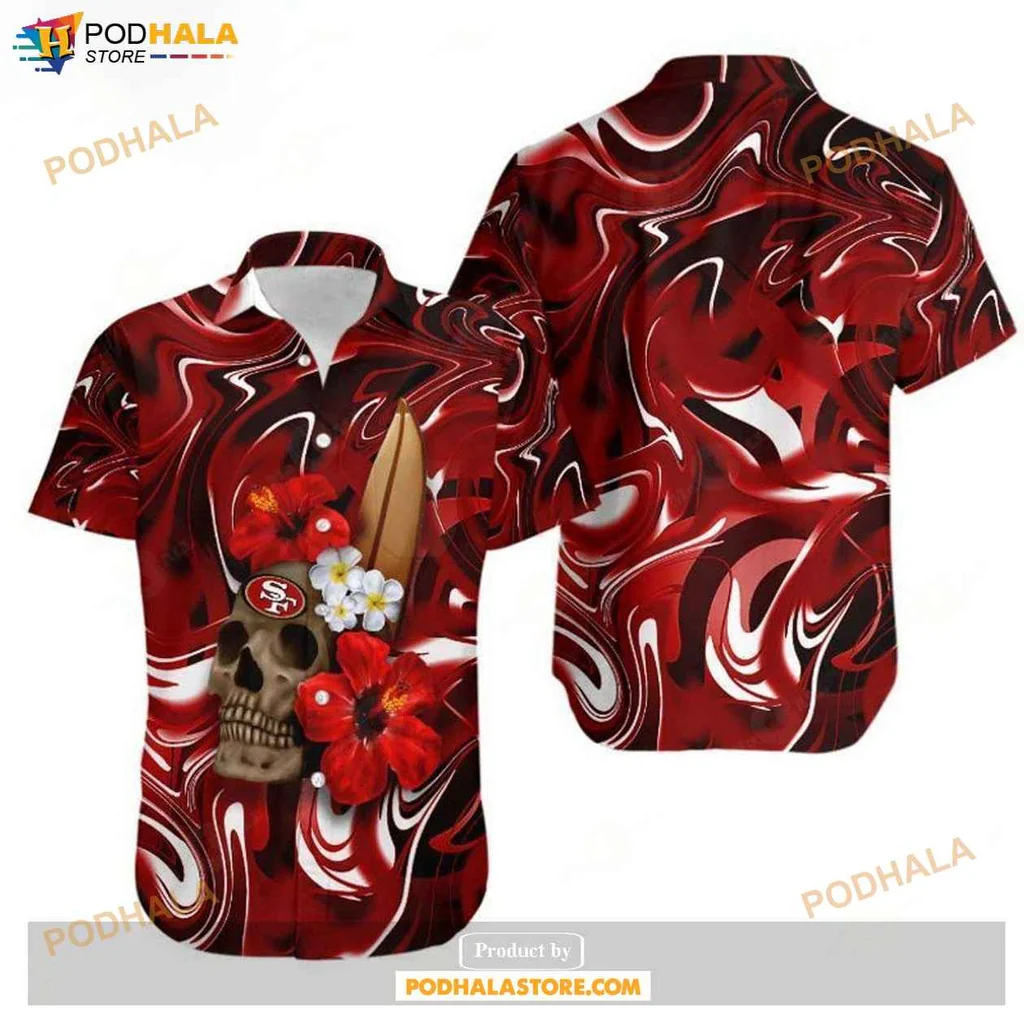 Cool Skull 49ers Hawaiian Shirt, Vibrant Design With Hibiscus And Surfboard