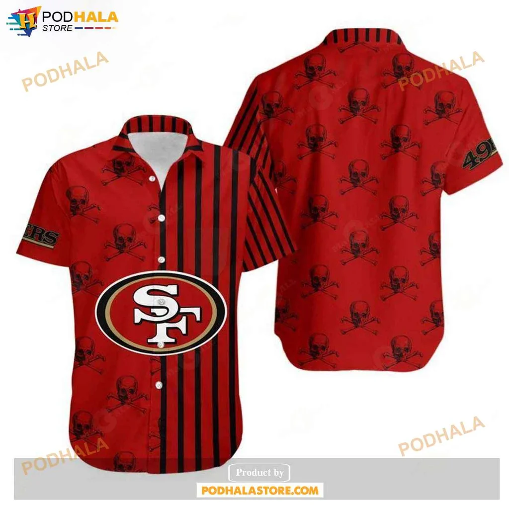 Cool Skull Crossbones Hawaiian Shirt, San Francisco 49ers Red And Black Design