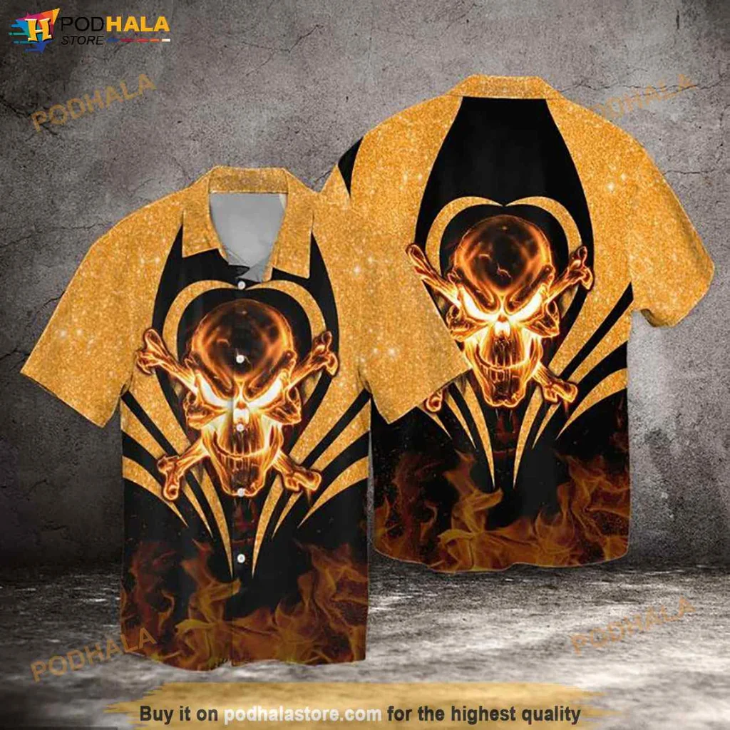 Cool Skull Flames Hawaiian Shirt, Funny Button Up For Rock And Motorcycle Lovers