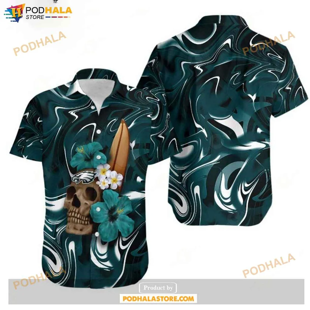 Cool Skull Hibiscus Hawaiian Shirt, Philadelphia Eagles Fan Gift, Vibrant Beach Style