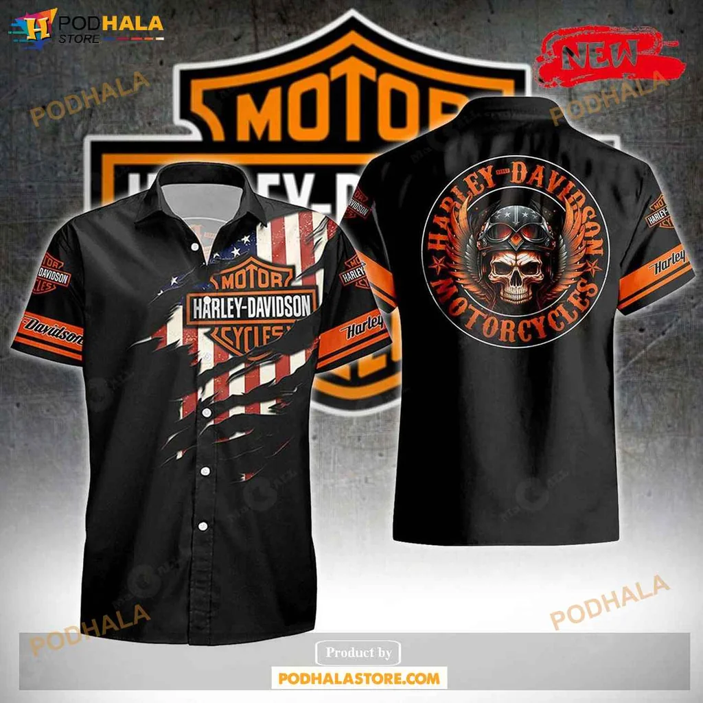 Cool Skull Motorcycle Aloha Shirt, Patriotic Harley Davidson Design Summer Tee