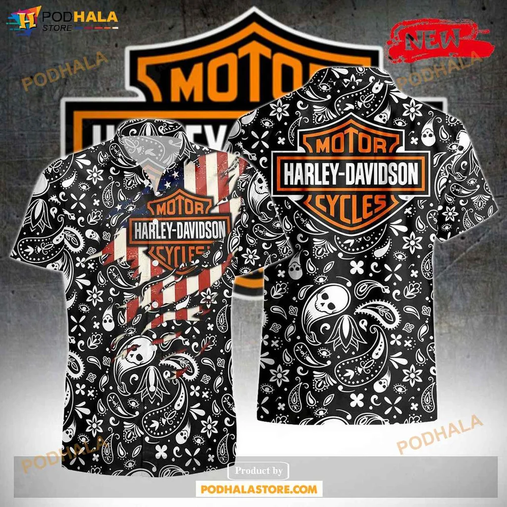 Cool Skull Pattern Hawaiian Shirt, Edgy Tropical Design For Motorcycle Enthusiasts