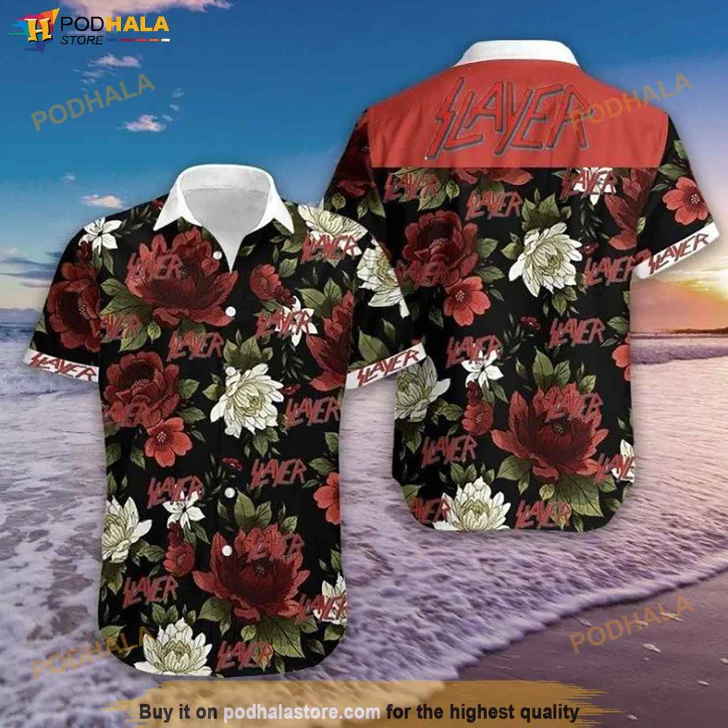 Cool Slayer Hawaiian Shirt, Bold Floral Design For Rock Fans