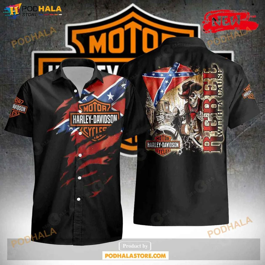 Cool Southern Pride Skull Shirt, Edgy Motorcycle Design Tropical Shirt For Men