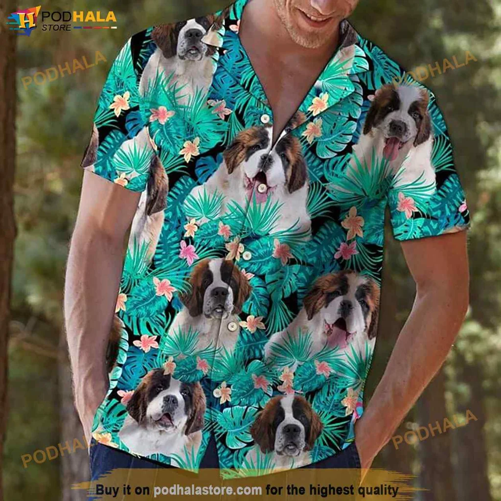 Cool St Bernard Hawaiian Shirt, Playful Tropical Design With Palm Leaves And Flowers