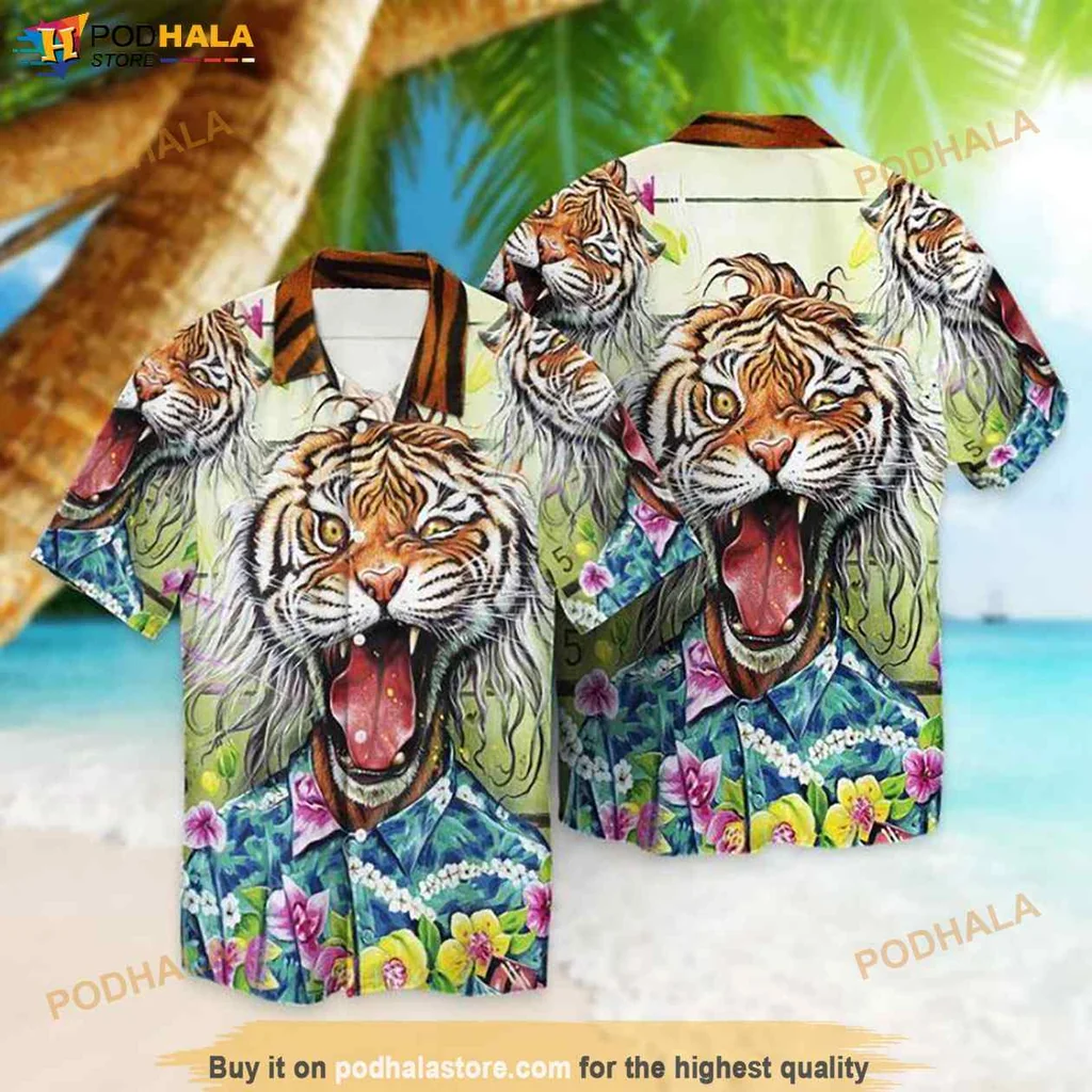 Cool Tiger Face Hawaiian Shirt, Vibrant Tropical Design For Men