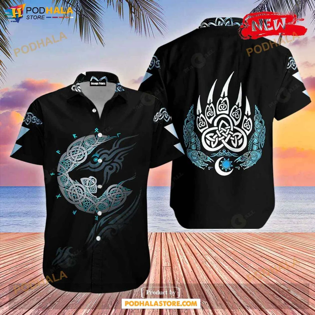 Cool Tribal Crescent Moon Hawaiian Shirt With Fierce Claw Design In Blue And White
