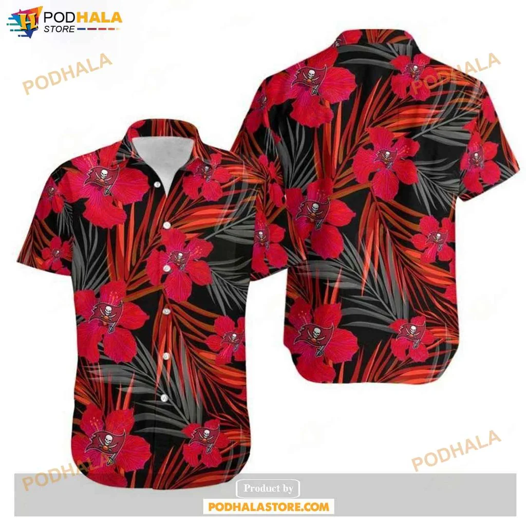 Cool Tropical Buccaneers Hawaiian Shirt With Red Orchids And Palm Leaves
