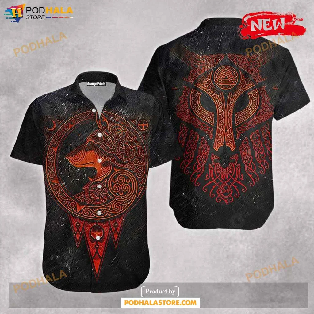 Cool Wolf Graphic Hawaiian Shirt, Bold Red And Black Tribal Design For Summer Fun