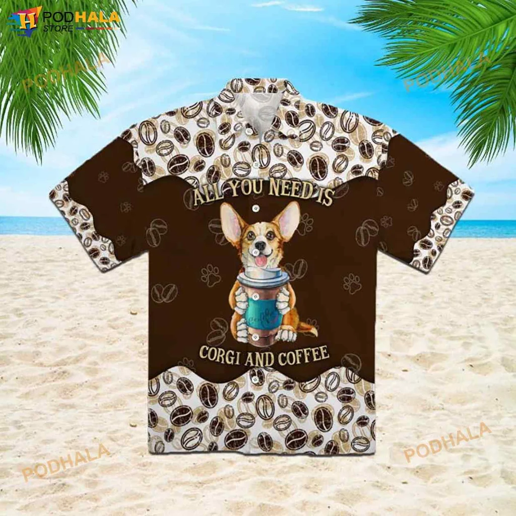 Corgi Coffee Funny Hawaiian Shirt With Playful Cartoon Design