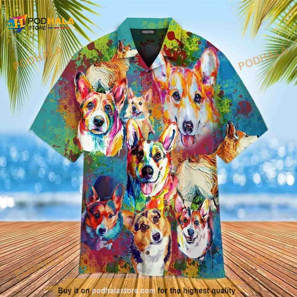 Corgi Colorful Hawaiian Shirt Featuring Playful Corgi Illustrations