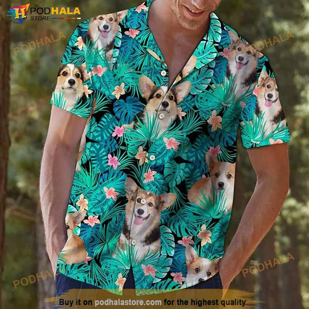 Corgi Dog Aloha Shirt With Tropical Foliage And Playful Designs
