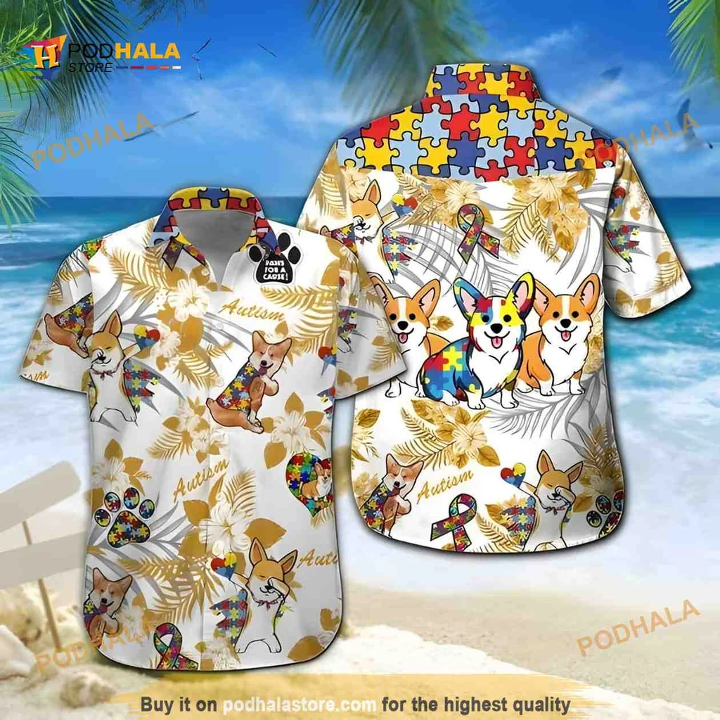 Corgi Dog Autism Hawaiian Shirt With Tropical Design For Beach Lovers