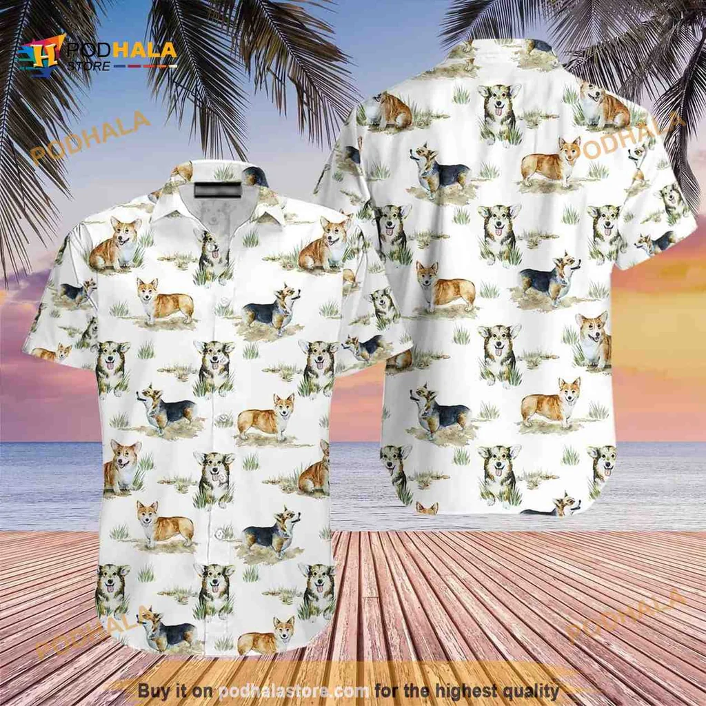Corgi Dog Beach Shirt Featuring Playful Pups In Tropical Design