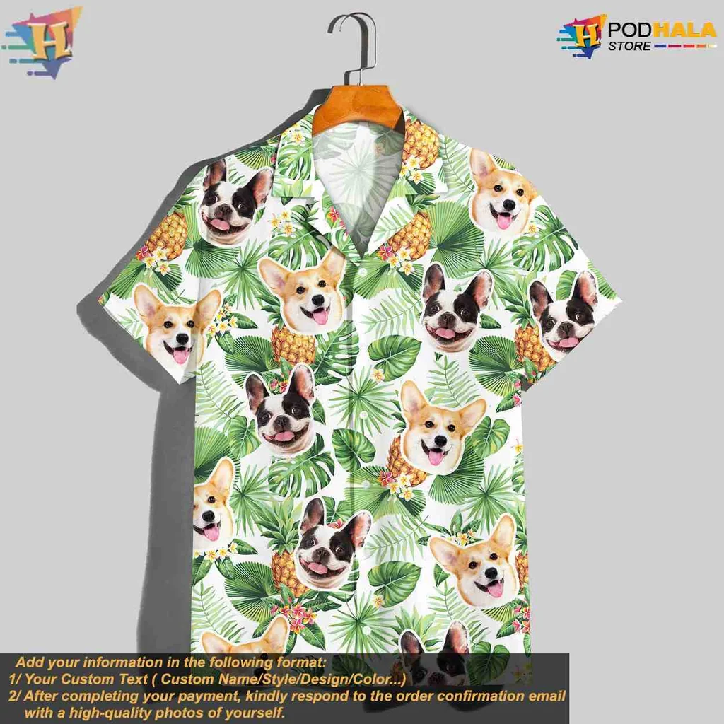 Corgi Flamingo Tropical Short-sleeve button-up shirt With Personalized Dog Faces Corgi Flamingo Tropical Short-sleeve button-up shirt With Personalized Dog Faces