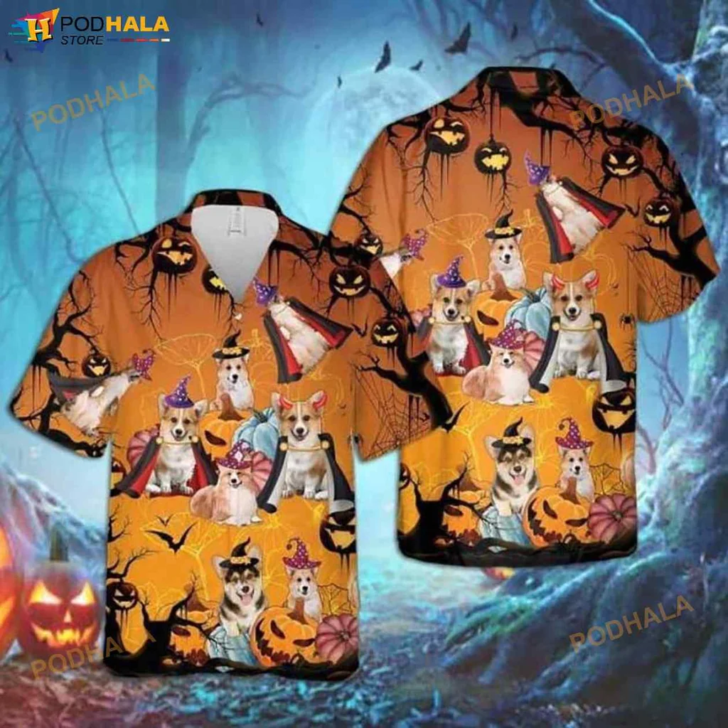 Corgi Halloween Hawaiian Shirt With Spooky Costumes And Fun Design