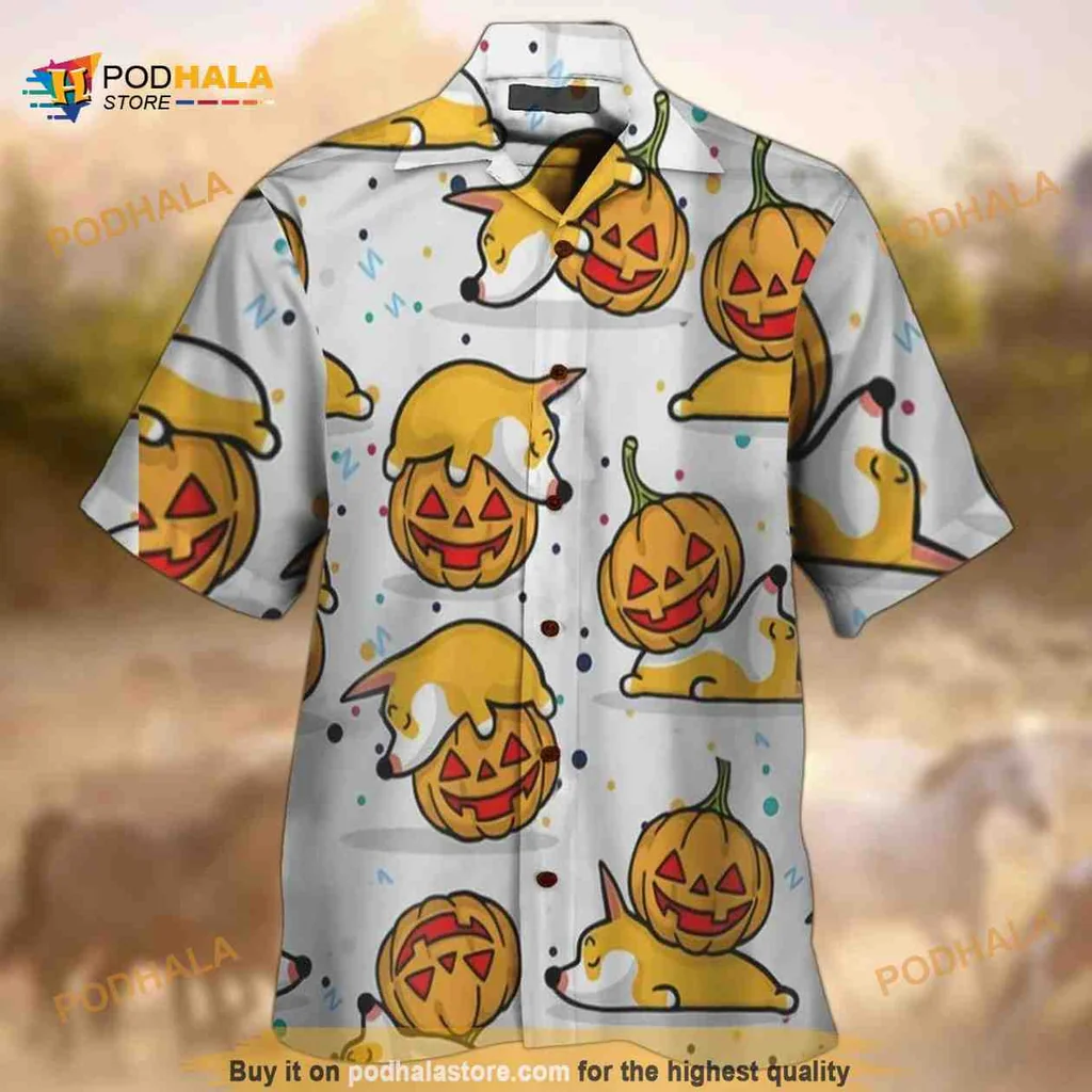 Corgi Halloween Hawaiian Shirt With Whimsical Pumpkin Design
