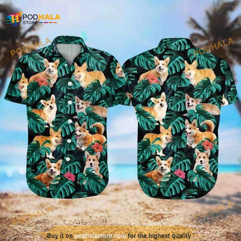 Corgi Palm Leaves Aloha Shirt With Playful Tropical Design