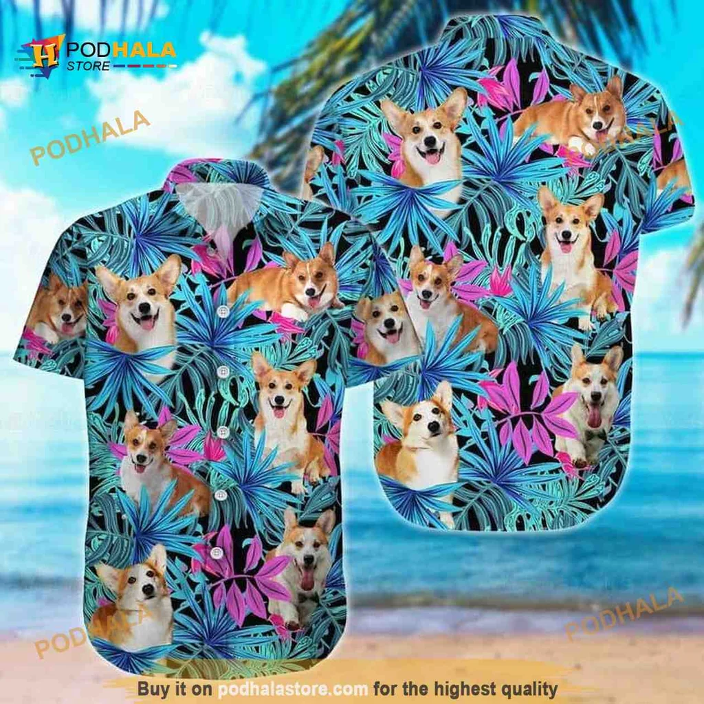 Corgi Palm Leaves Aloha Shirt With Playful Tropical Design