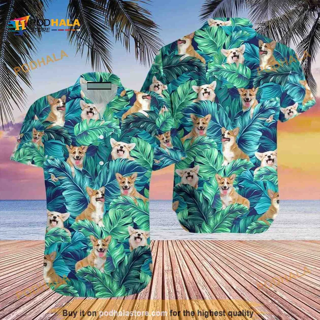 Corgi Palm Leaves Hawaiian Shirt With Playful Corgis In Tropical Design