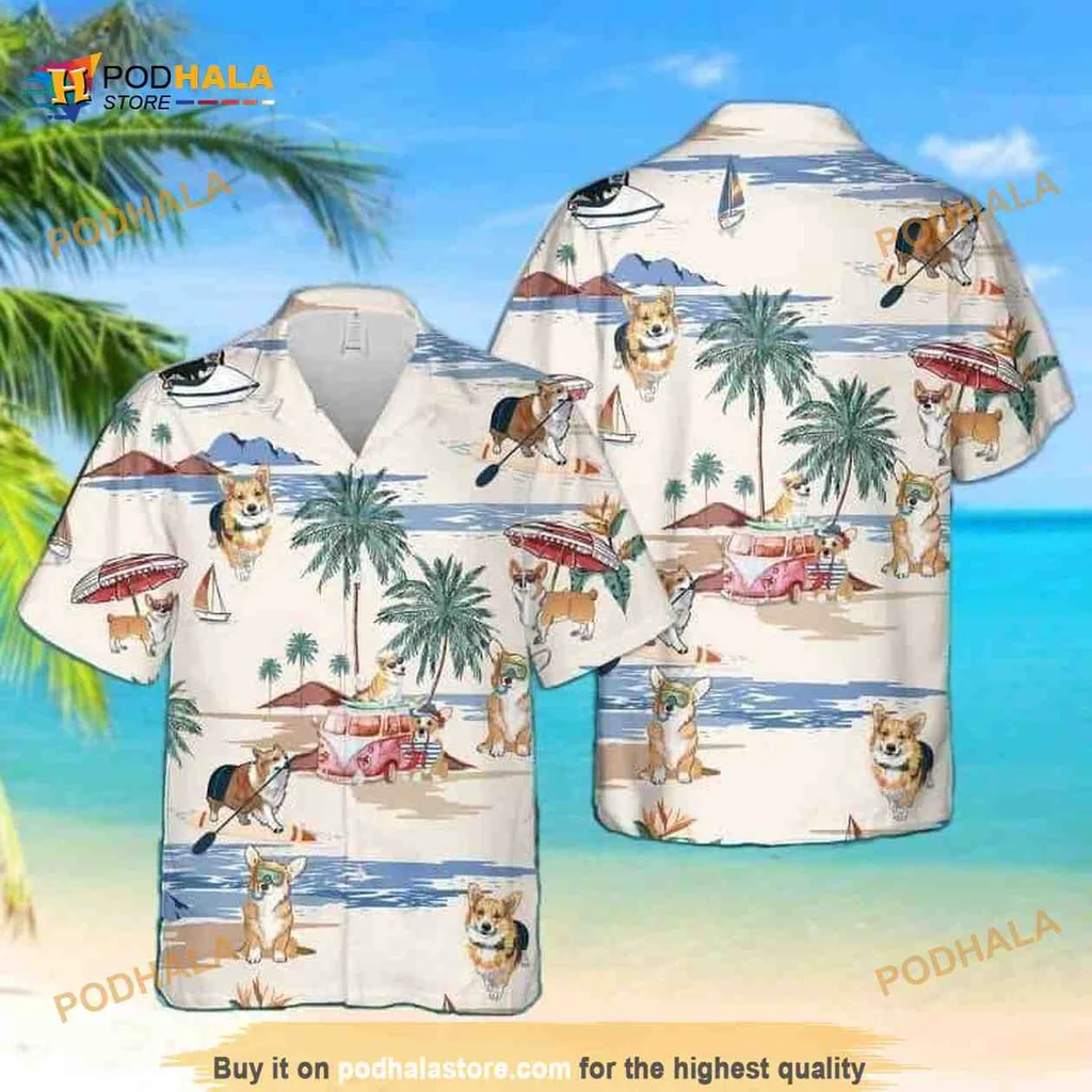 Corgi Summer Aloha Shirt With Playful Beach Activities And Tropical Vibe