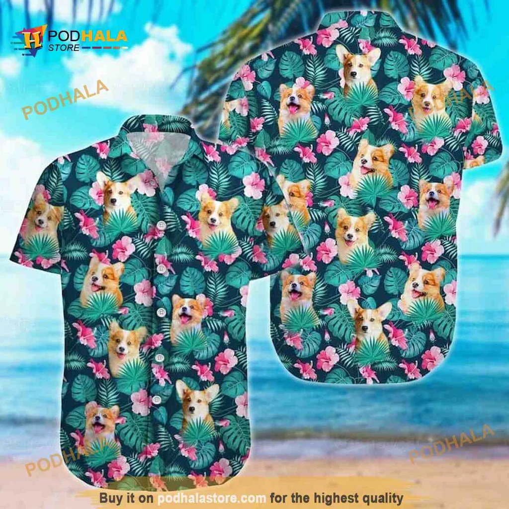 Corgi Tropical Aloha Shirt With Palm Leaves And Hibiscus Flowers