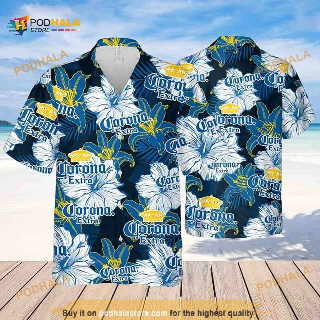 Corona Extra Floral Pattern Hawaiian Shirt With Hibiscus And Tropical Leaves