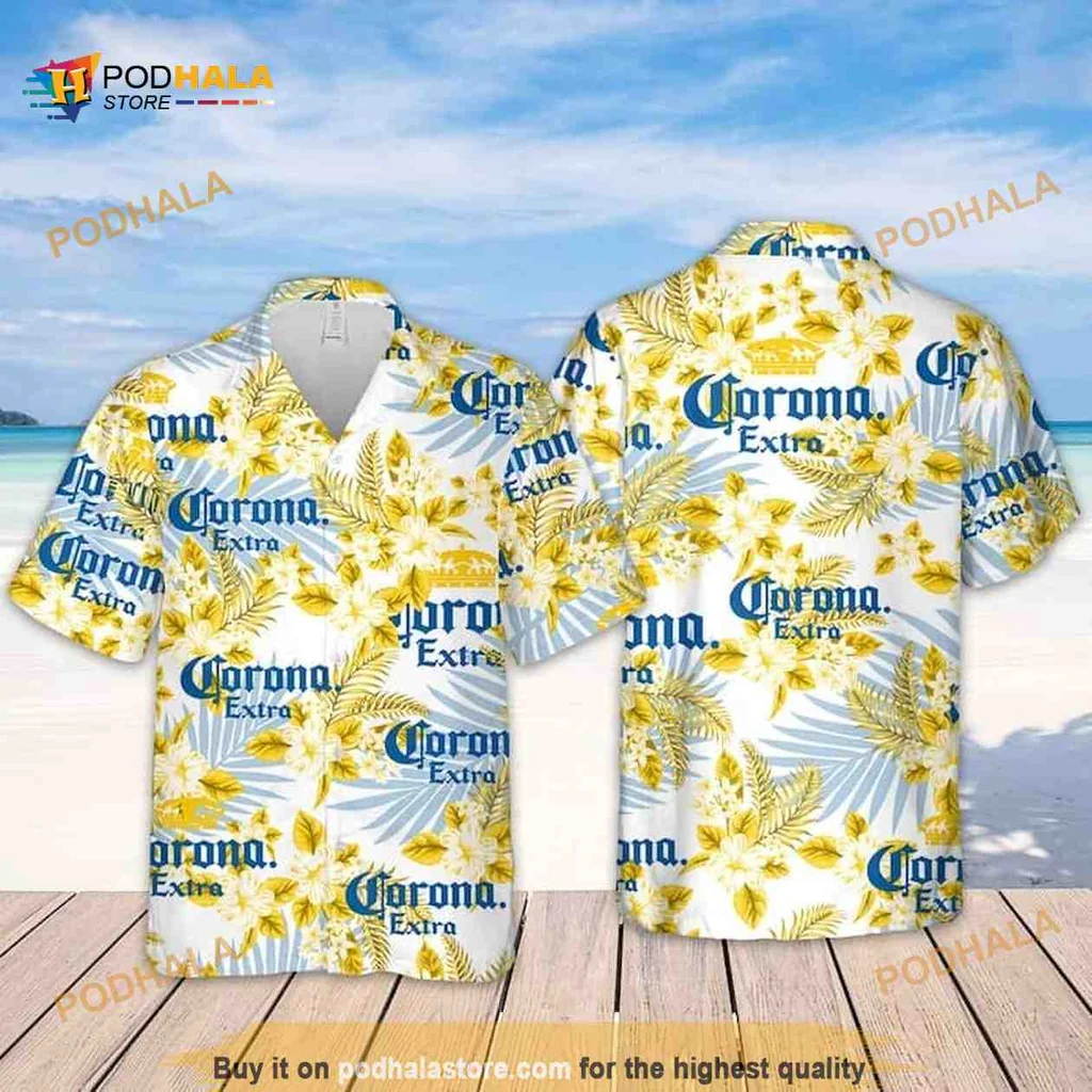 Corona Extra Hawaiian Shirt Featuring Tropical Flower Pattern