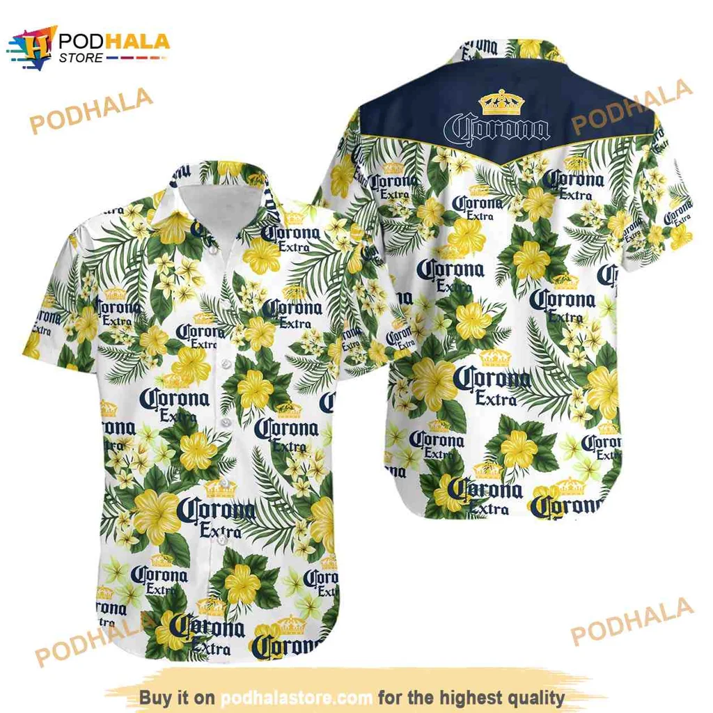 Corona Extra Tropical Hawaiian Shirt With Hibiscus Flowers And Palm Leaves