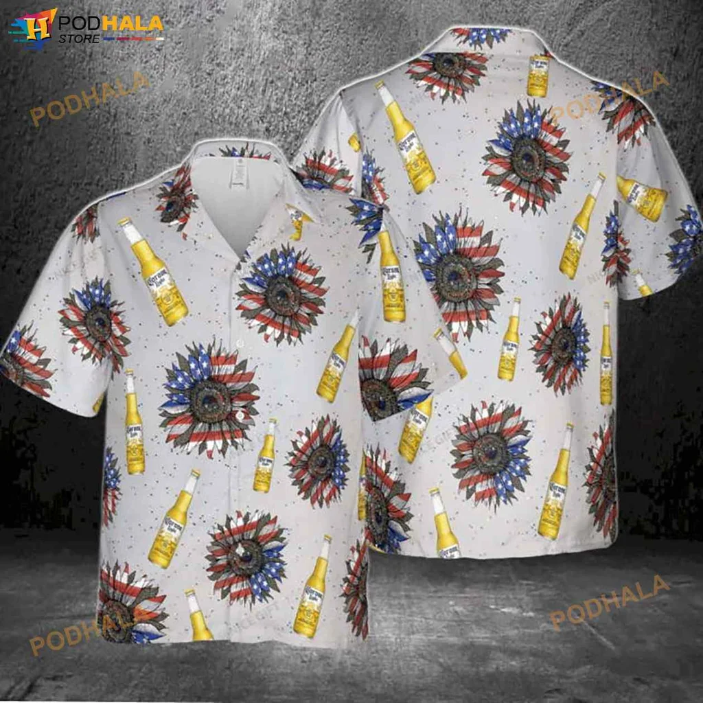 Corona Light Sunflower Hawaiian Shirt With American Flag Design