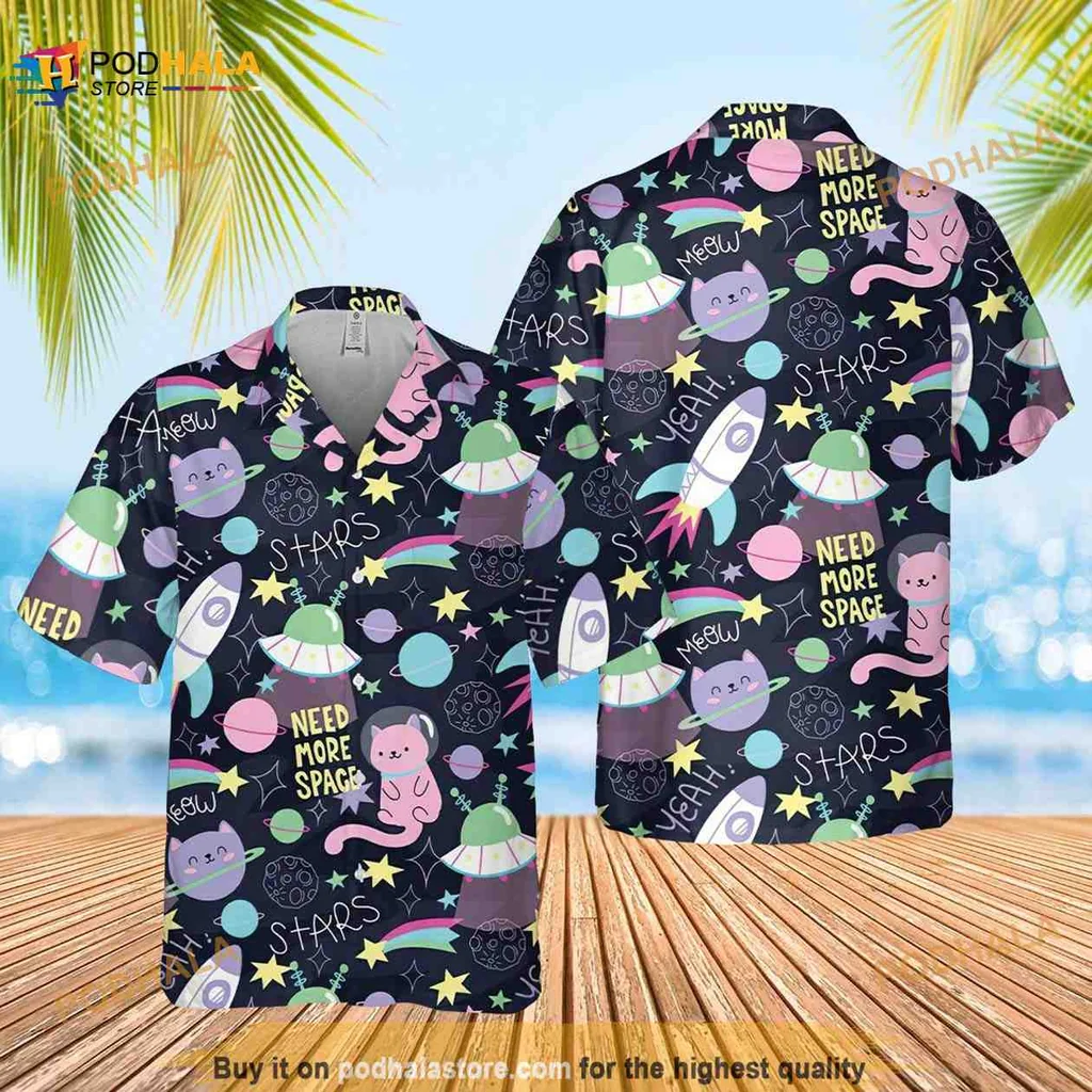 Cosmic Cat Lovers Hawaiian Shirt With Colorful Cartoon Cats And Rockets