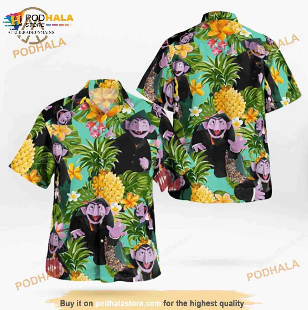 Count Von Count Tropical Hawaiian Shirt With Pineapples And Flowers