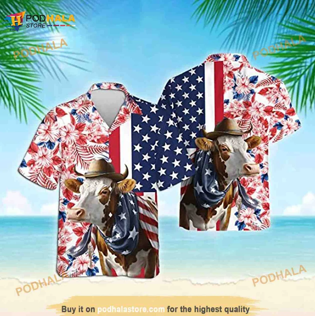 Cow American Flag Hawaiian Shirt With Cowboy Hat For Independence Day