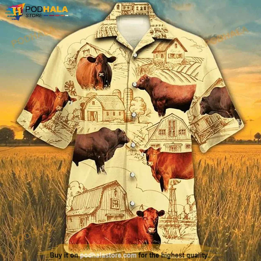 Cow Print Hawaiian Shirt With Rustic Farmhouse Scenes