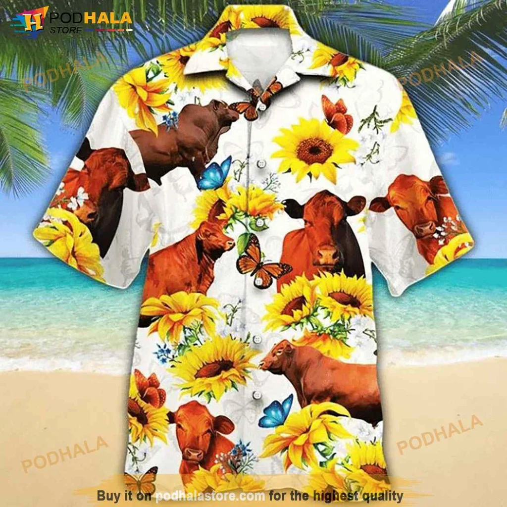 Cow Sunflower Aloha Shirt With Colorful Butterflies