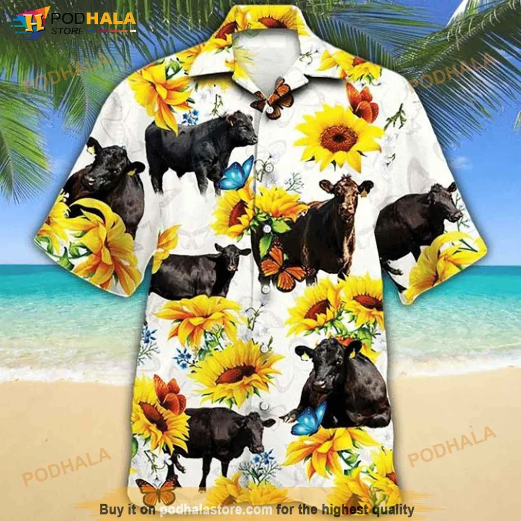 Cow Sunflower Aloha Shirt With Vibrant Black Cows And Butterflies