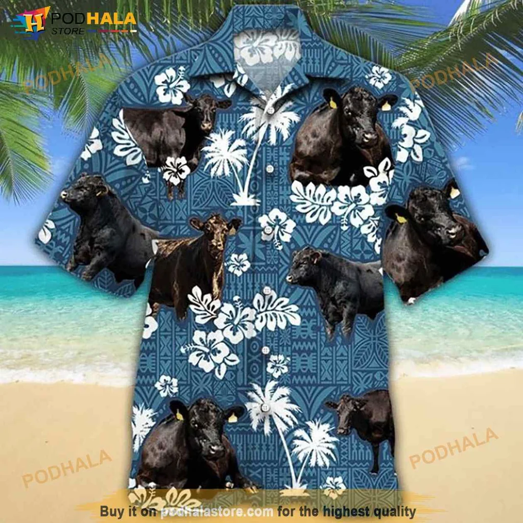 Cow Tropical Hawaiian Shirt With Bold Floral Design And Dark Blue Background