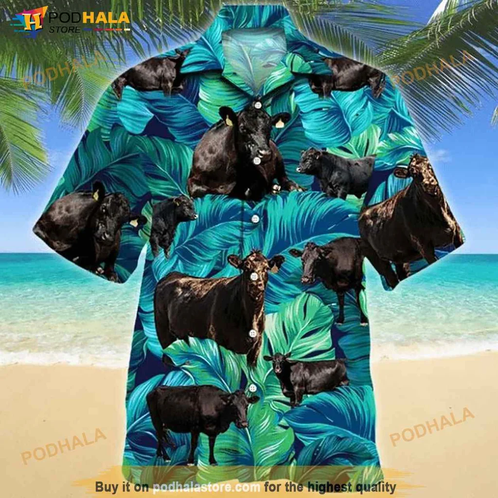 Cow Tropical Print Hawaiian Shirt With Vibrant Green Leaves