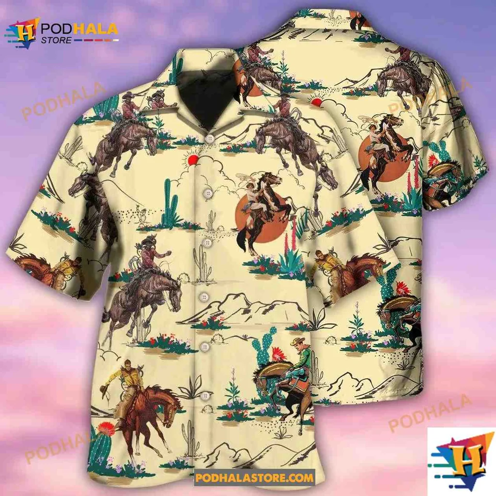Cowboy Horse Lover Hawaiian Shirt, Vibrant Western Design With Cacti