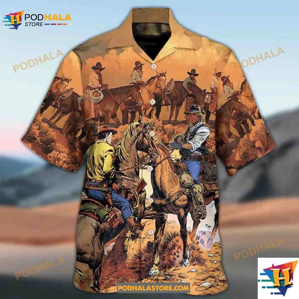 Cowboy Horse Riding Hawaiian Shirt Featuring Classic Western Scene