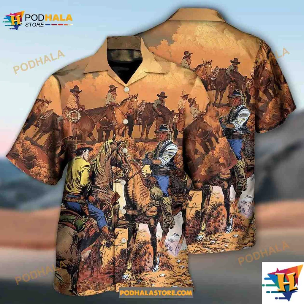 Cowboy Horse Riding Aloha Shirt Featuring Classic Western Scene Cowboy Horse Riding Aloha Shirt Featuring Classic Western Scene