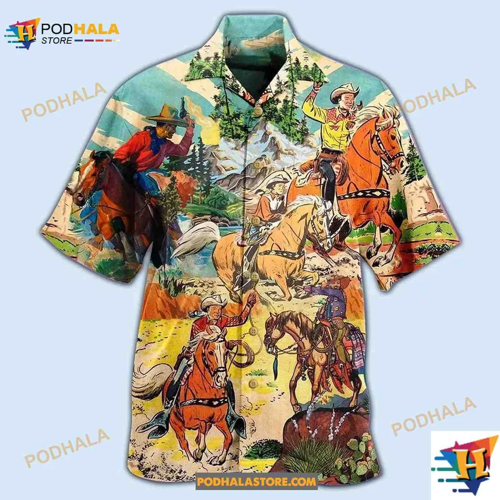 Cowboy Horse Riding Hawaiian Shirt Featuring Vibrant Western Scenes