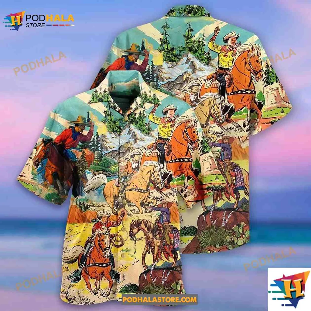 Cowboy Horse Riding Aloha Shirt Featuring Vibrant Western Scenes Cowboy Horse Riding Aloha Shirt Featuring Vibrant Western Scenes