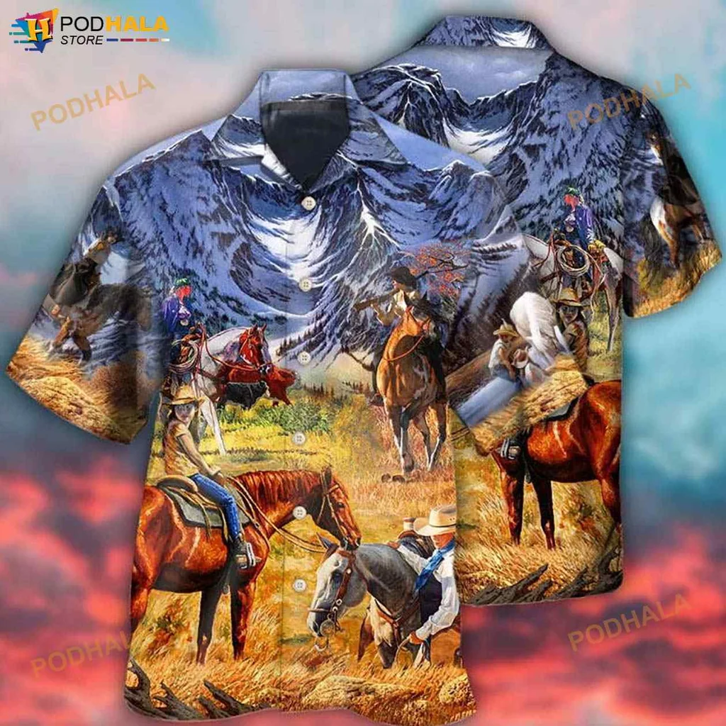 Cowboy Sunset Hawaiian Shirt With Majestic Mountain Scene