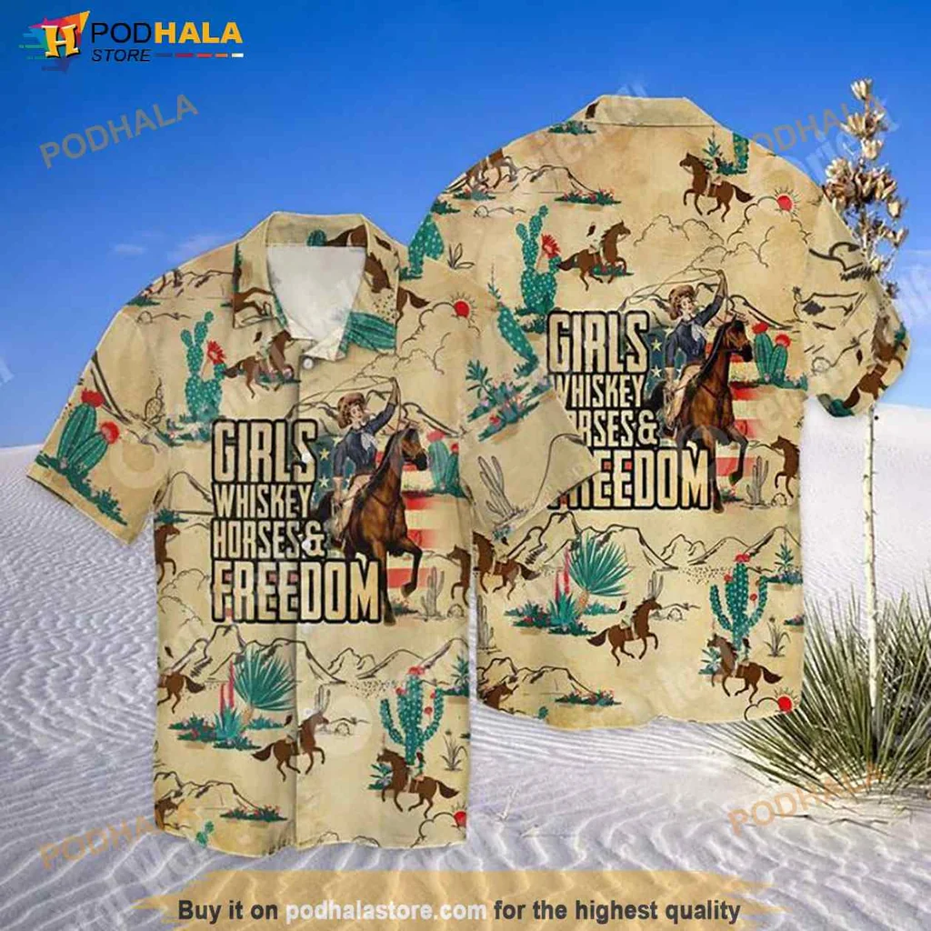 Cowgirl Whiskey Horses Hawaiian Shirt With Bold Western Design