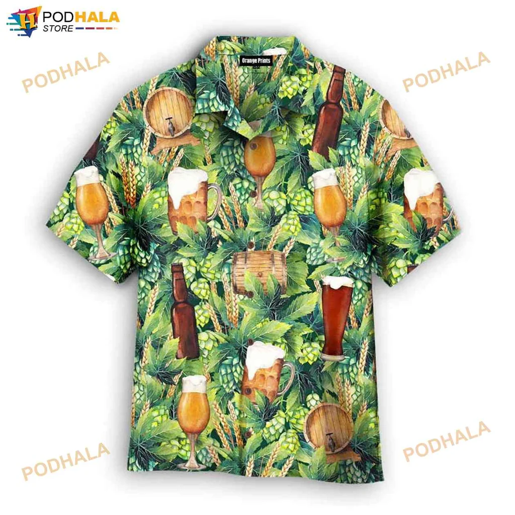 Craft Beer Aloha Hawaiian Shirt With Tropical Hops And Beer Glass Design
