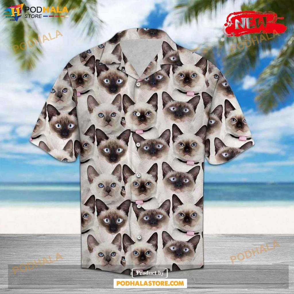 Cream Siamese Cat Hawaiian Shirt, Playful Casual Wear For Cat Lovers