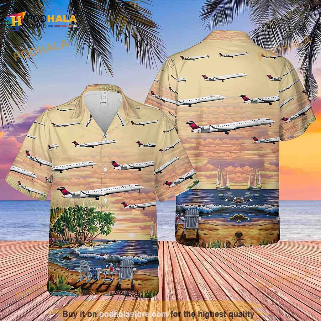 Crj 900 Airplane Hawaiian Shirt, Tropical Beach Scene With Sunset